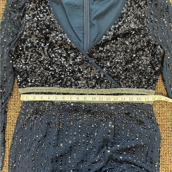 Mac Duggal Size 12 Navy 93593 Sequined V Neck Bishop Sleeve Midi Cocktail Dress - Picture 12 of 13